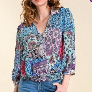 Umgee USA Blue Paisley Collared three quarter sleeve top